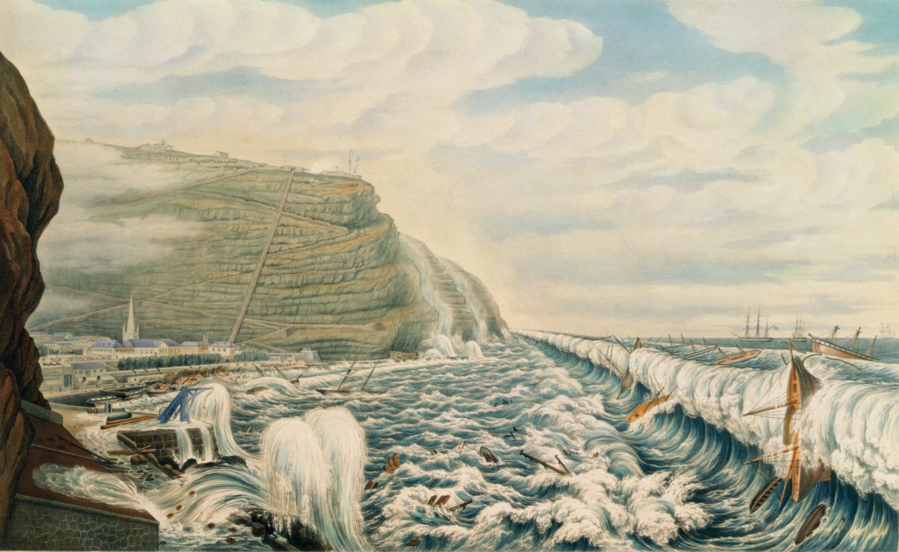 Jamestown és a kikötő látképe, Szent Ilona, metszet: T. Picken, 1846 körül (metszet) alkotó: Lt. F.R. Stack