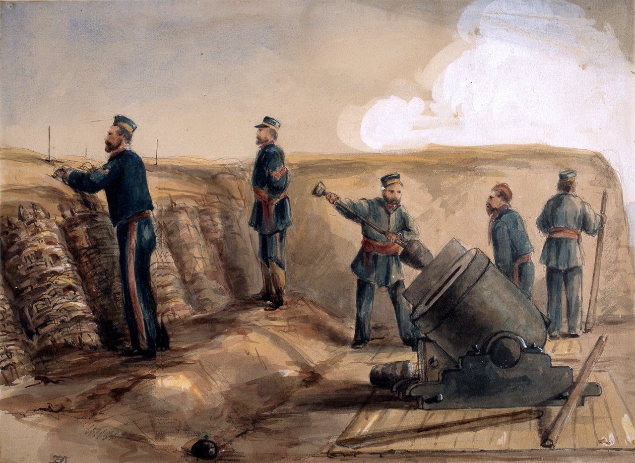 A Királyi Tüzérség 13 hüvelykes aknavetője működés közben, 1855 (wc ceruzával papíron) alkotó: Lt. Henry James Alderson
