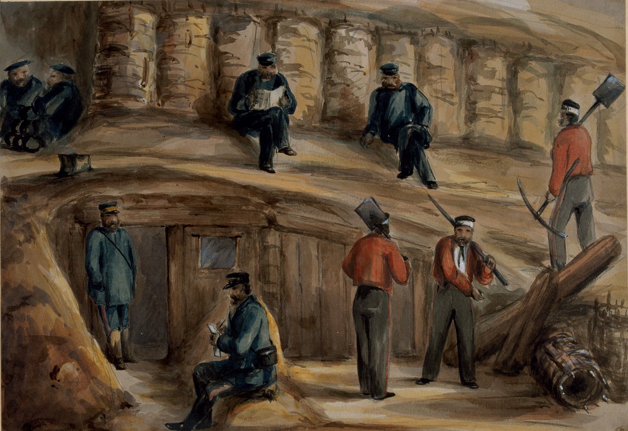 A Királyi Tüzérezred tüzérei pihennek a szevasztopoli lövészárkokban, 1855 körül. alkotó: Lt. Henry James Alderson