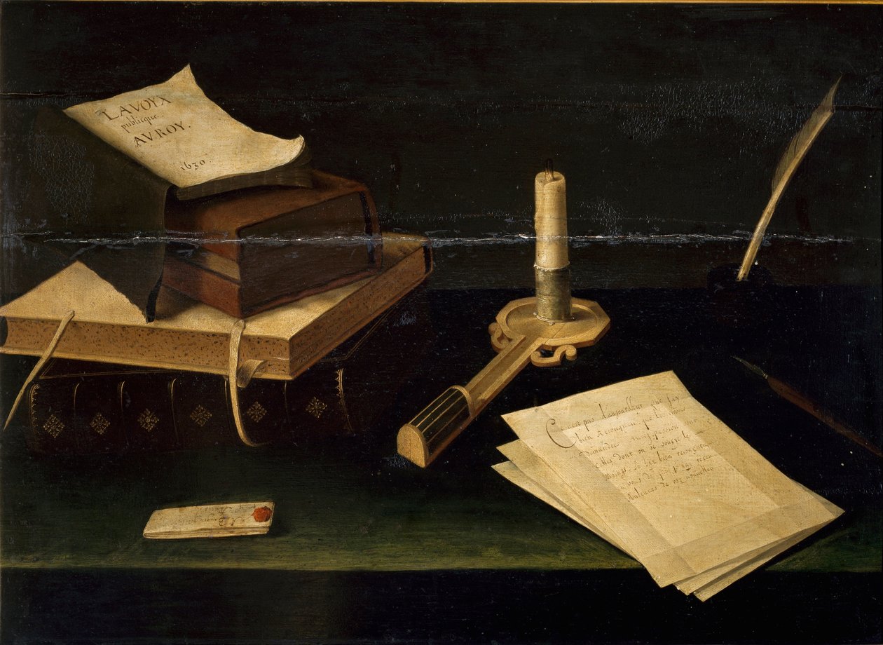 Lubin Baugin (1610-1663) könyvcsendélet, toll-, betű- és gyertyafestmény 17. századi római Galleria Spada alkotó: Lubin Baugin