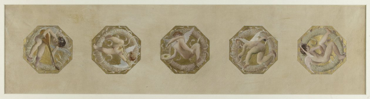 Vázlat a Hôtel de Ville de Paris, Ünnepi lépcsőház: Génies portant des attributs de fête, débuten 1888 (olaj, papír) alkotó: Luc Oliver Merson