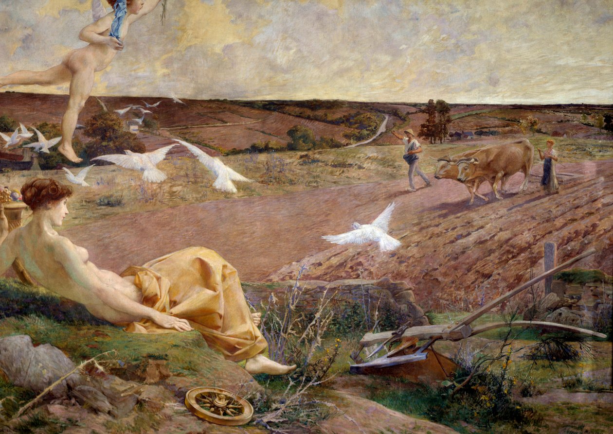 A bőség és a termékenység szerencse-allegorikus ábrázolása. A háttérben a szántóföldjét szántó paraszt. Részlet. Luc Olivier Merson (1846-1920) marouflee festménye gipszre 1901 V. 2,22x2,9 m Párizs, Muse d