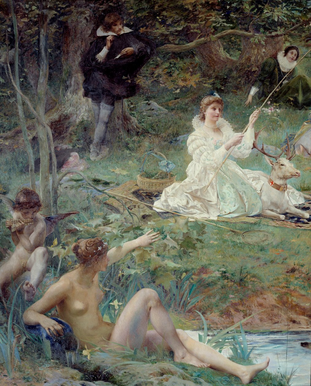 Marie F. des Ursins, Montmorency hercegnője és Theophile de Viau költő Chantillyben a Sylvie Detail pavilonjában. Luc Olivier Merson (1846-1920) festménye 1895 V. 1,88 x 2,10 m Chantilly, Musee Conde alkotó: Luc Oliver Merson