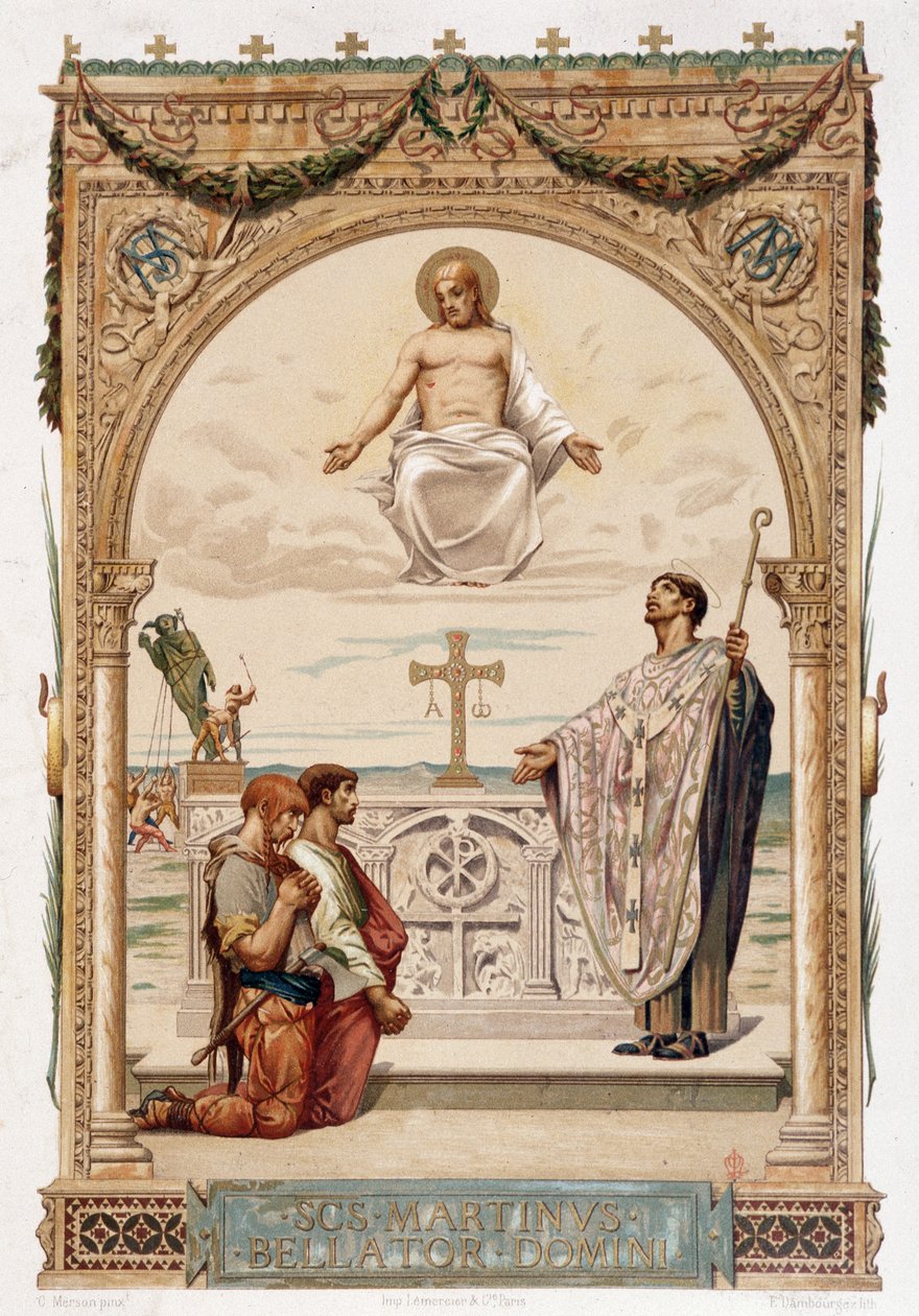 Szent Márton (Szent Márton) Gallia evangélium hirdetője Krisztus szeme alatt - chromo. Merson festménye szerint alkotó: Luc Oliver Merson