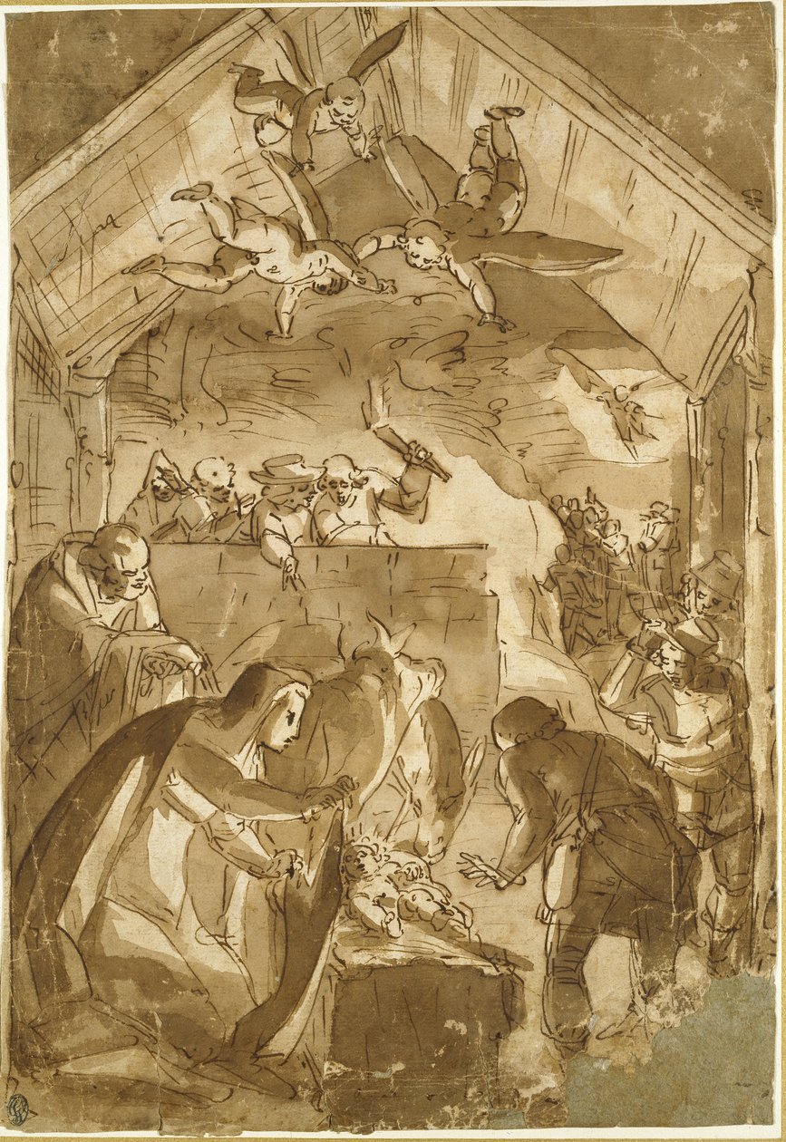 The Nativity (toll és barna tinta barna mosással törtfehér papíron) alkotó: Luca Cambiaso