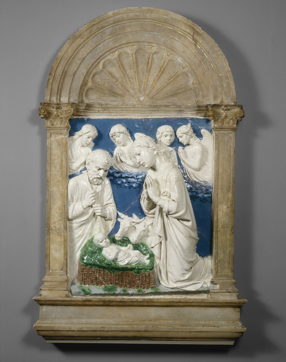 Születés, 1460 körül (mázas terrakotta) alkotó: Luca Della Robbia