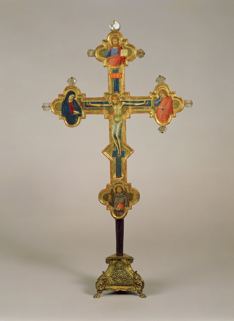 Hordozható kereszt, a Megfeszített Krisztus a Szűzzel, Szent János evangélista és Szent Ferenc jeleneteivel díszítve (előlap) (tempera, ezüst és arany levél fán hegyikristállyal) (a hátoldalon) alkotó: Luca di Tommè