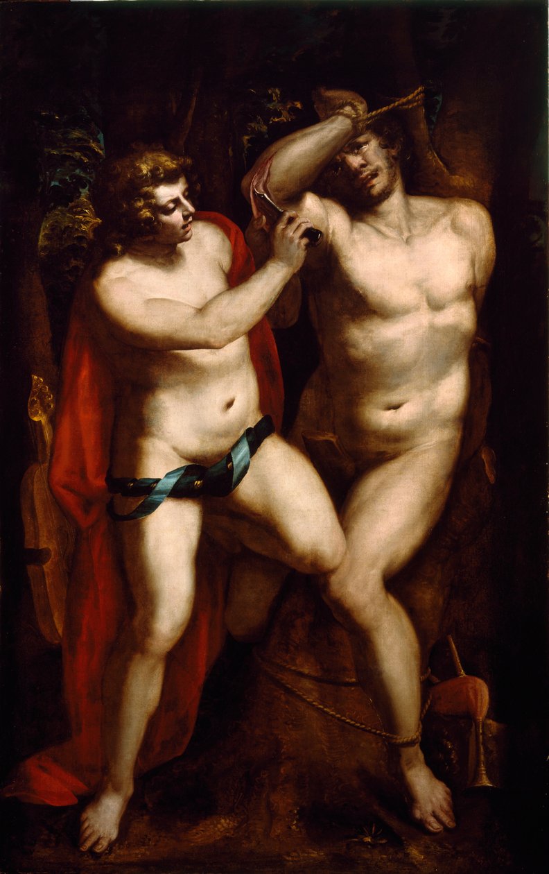 Apollo és Marsyas A szatírt megbüntetik, amiért a líráig dacolt Apollónnal, és ez eltiltja. Luca Cambiaso (vagy Cambiaso, Cangiagio) festménye Lucchetto da Genova) (1527-1585) 16. századi magángyűjtemény alkotó: Luca Cambiaso