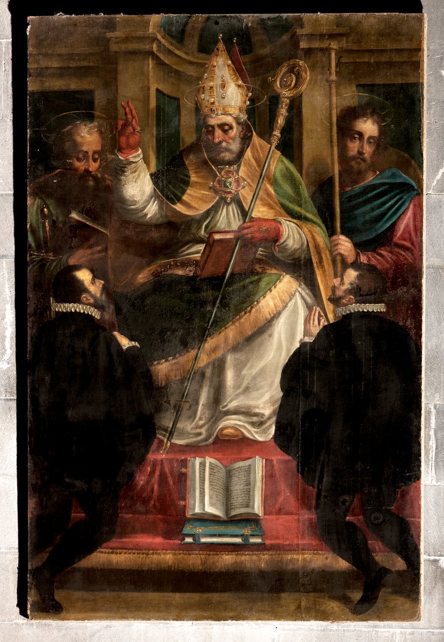 Genova, Dóm (Szent Lőrinc-székesegyház): "Szent Gotthard Szent Pál és Szent Jakab, valamint két térdelő bhakta között" (1571), Luca Cambiaso (Carlo Giuseppe Ratti újrafestményeivel) alkotó: Luca Cambiaso