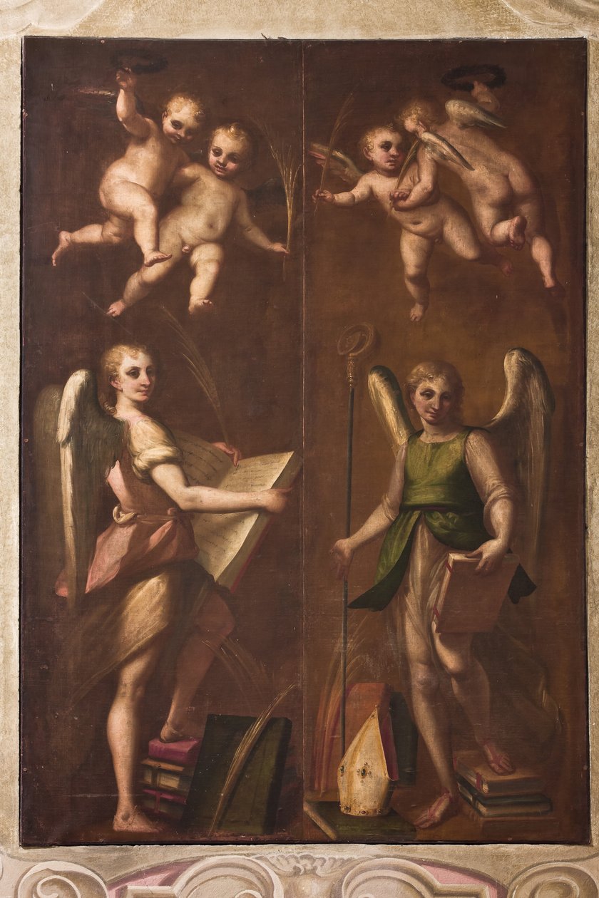 Genova, Dóm (Szent Lőrinc-székesegyház), sekrestye, kápolna: "Angyalok püspöki jelvényekkel, könyvekkel és pálmaágakkal", Luca Cambiaso, 1580 körül alkotó: Luca Cambiaso