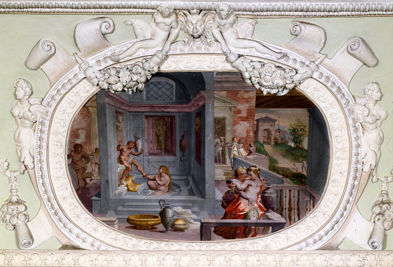 Fürdés, csábítás jelenetei. Luca Cambiaso freskója (1527-1585) alkotó: Luca Cambiaso