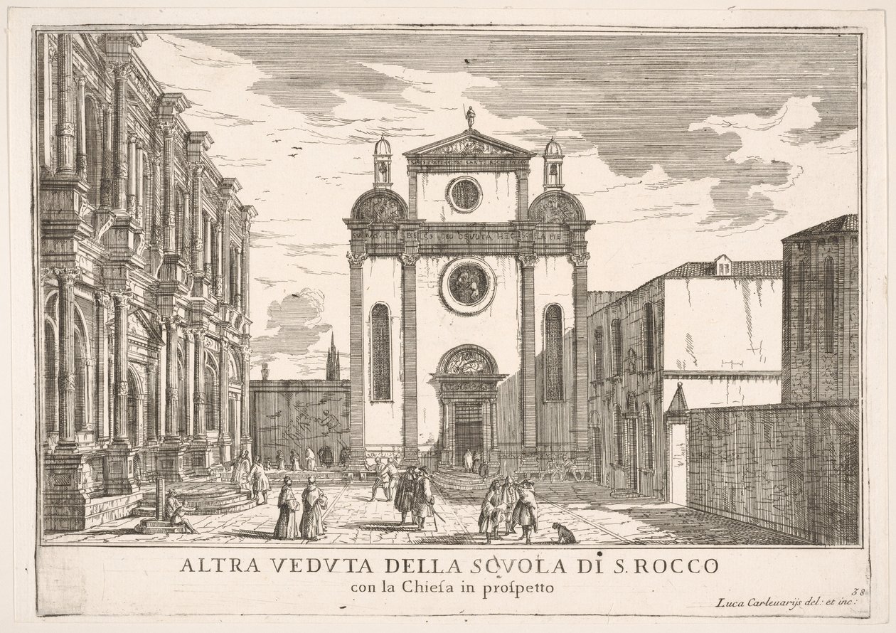 38. tábla: Kilátás a Szent Rókus-templom homlokzatára és balról a Schoo... homlokzatára, 1703. alkotó: Luca Carlevarijs