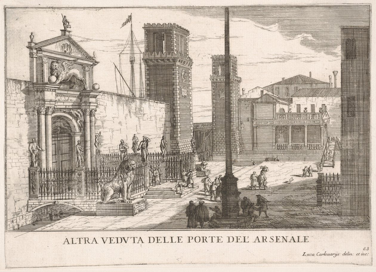 63. tábla: Kilátás a hajógyár és fegyvertár komplexum kapujára, Arsenale, Velence, 1703, fr..., 1703. alkotó: Luca Carlevarijs