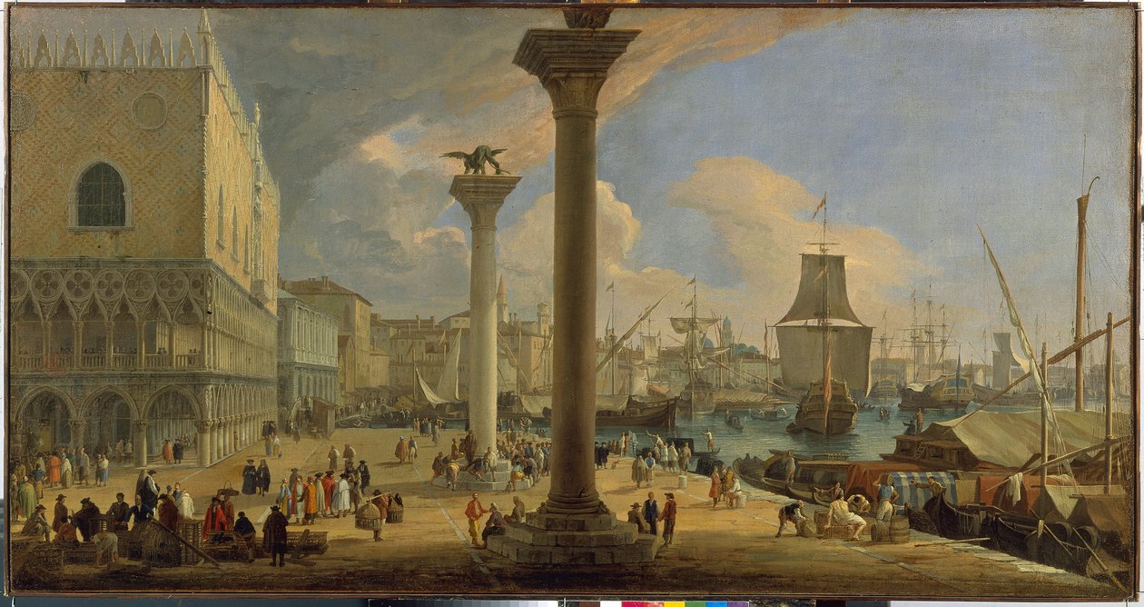 A Molo és a hercegi palota (Velence, Olaszország) - Luca Carlevaris (1663-1730) festménye, olaj, vászon, 1710 körül, 64x121 cm - A Molo a hercegi palotával, Luca Carlevaris olaj, vászon - Állami Ermitázs, St. -Pétervár alkotó: Luca Carlevaris