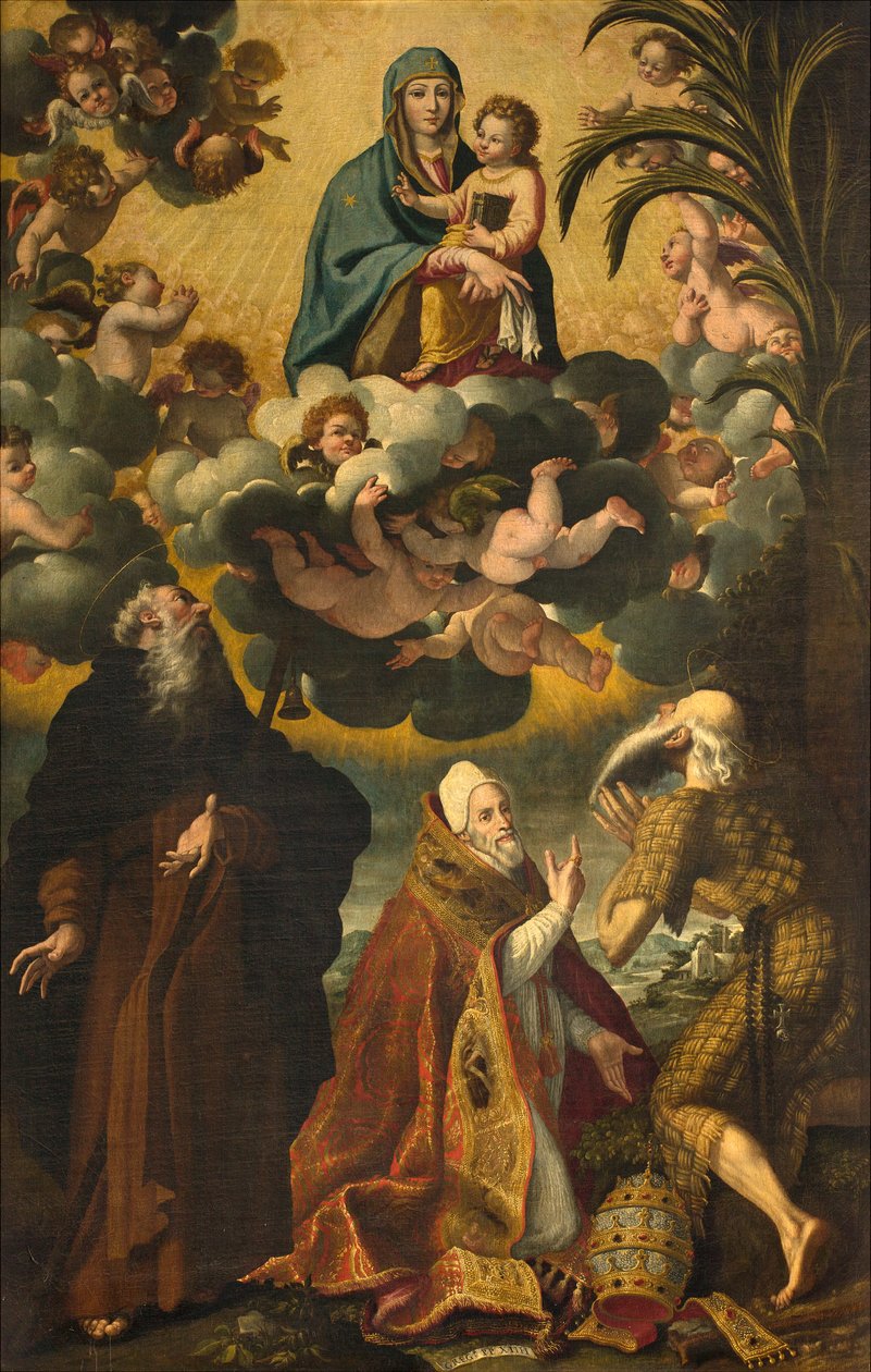 Szent Antal oltára, Madonna és gyermeke szentekkel Antal Remete Pál apáttal és XIV. Gergely pápával, Lukács Cattapane 1593 alkotó: Luca Cattapane