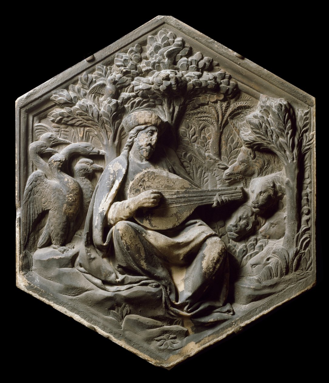 A zene allegóriája, mint orfe Az erdő állatai hallgatják Orphe lantját. Luca della Robbia magas domborműve alkotó: Luca Della Robbia