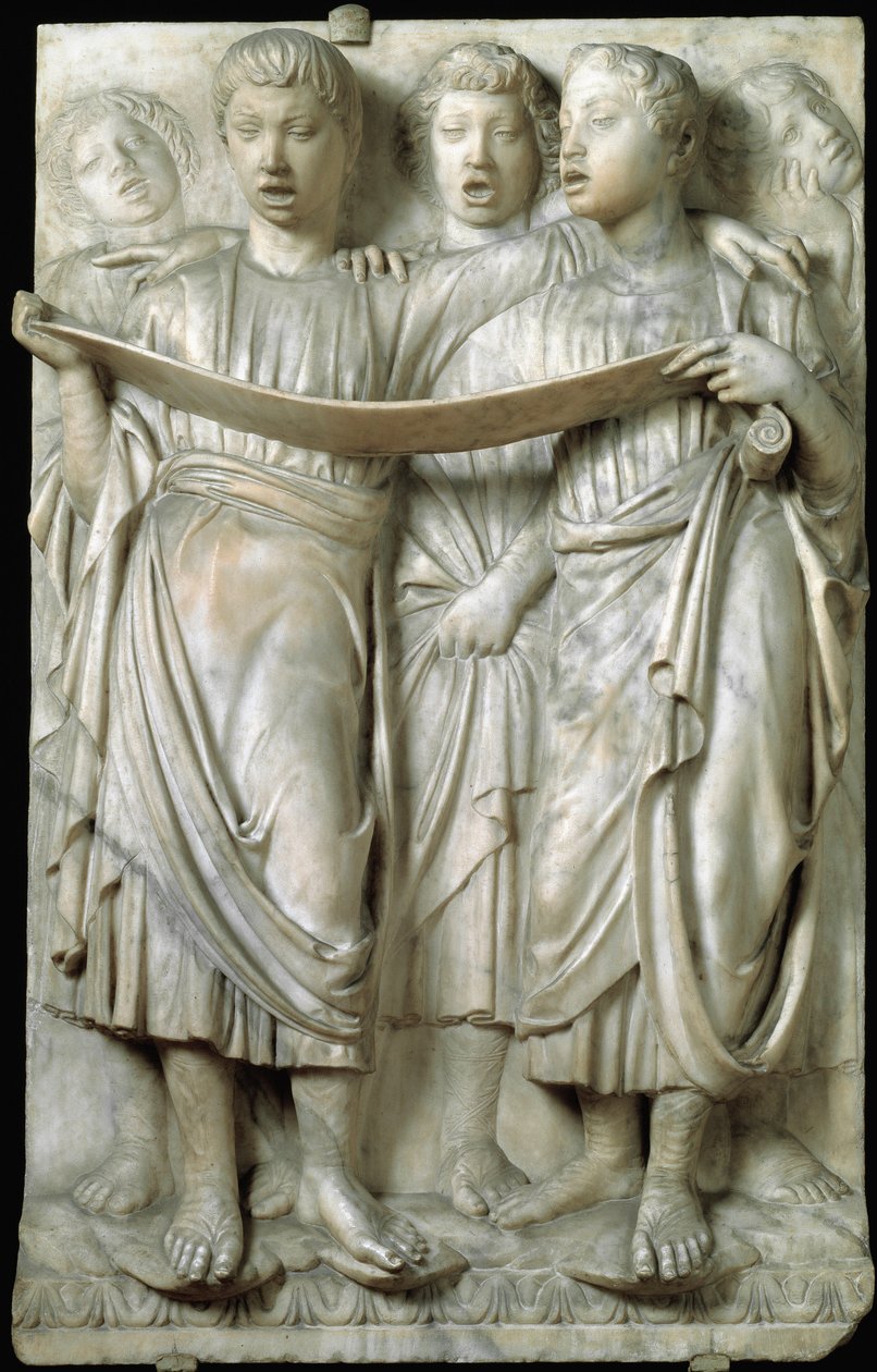 La cantoria vagy kórusban éneklő gyerekek – Márvány dombormű, Luca della Robbia (1400-1482 körül), Quattrocento alkotó: Luca Della Robbia