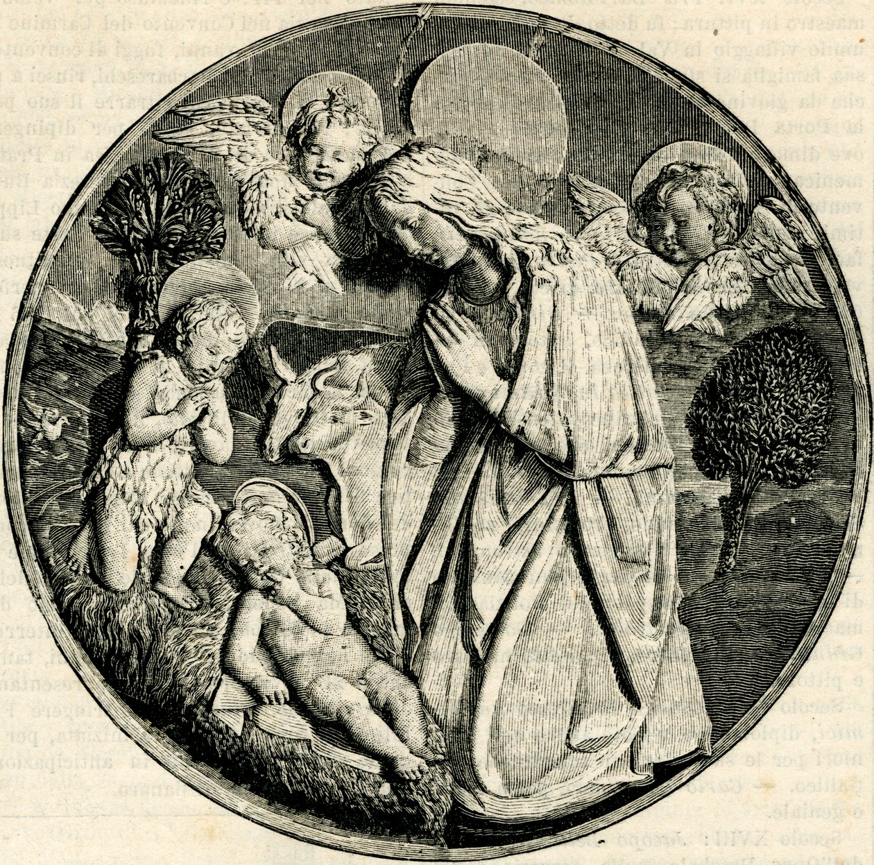 Madonna a Gyermek imádatában Keresztelő Szent János csecsemővel és kerubokkal, Luca della Robbia (1399/1400-1482), Prato, Toszkána, Olaszország, fametszet a Le cento citta d