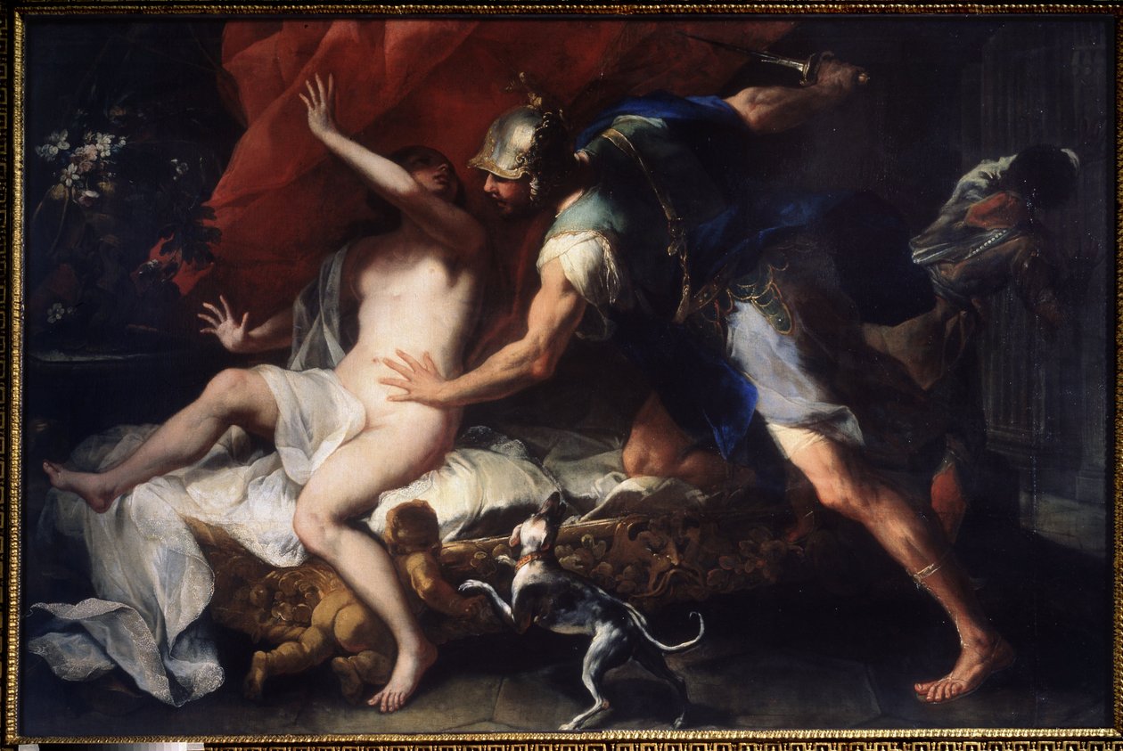 (Tarquinius és Lucretia) Lucretia (Lucrezia, Lucretia, római hölgy) megerőszakolása, aki unokatestvére, Sextus Tarquin, Nagy Tarquin fia erőszakos áldozatává vált. Luca Giordano (1632-1705) festménye 17. századi Állami Művészeti Múzeum, Tula, Oroszország alkotó: Luca Giordano