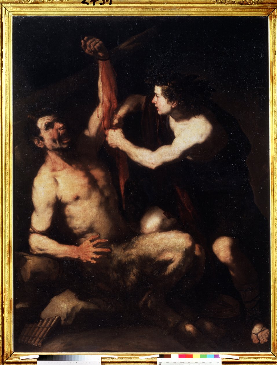 ""Apollo és Marsyas"" Apolló, miután megnyerte a Marsyas elleni kihívást, megnyúzta, majd egy barlangba dobta. Luca Giordano (1632-1705) festménye 1650 körül. Modorosság. Puskin Múzeum, Moszkva alkotó: Luca Giordano