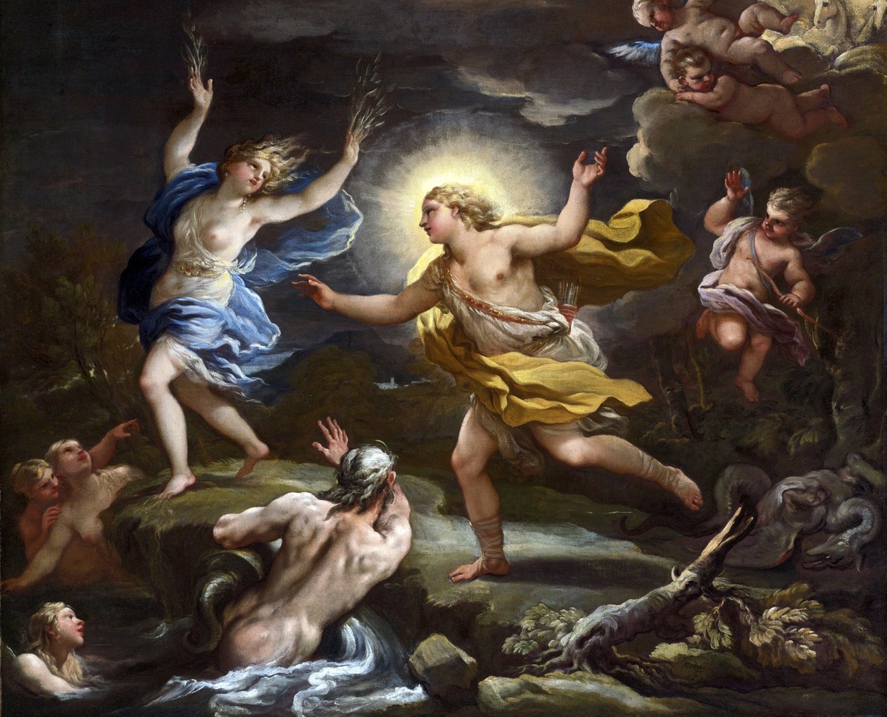 Barokk: Apolló és Daphne, Giordano, Luca (1632-1705). Olajfestmény alkotó: Luca Giordano