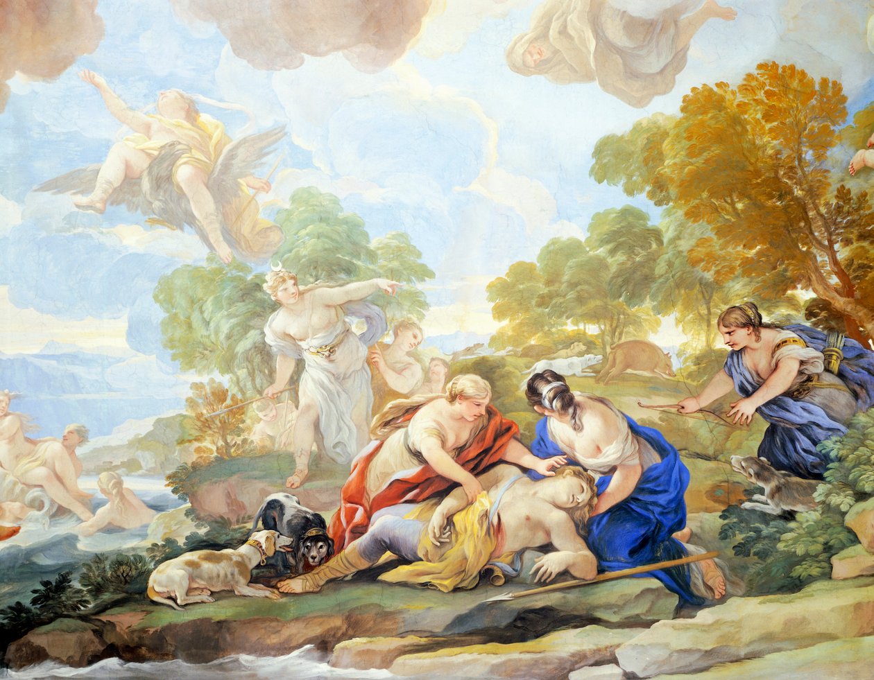 Adonis halála, Luca Giordano (1634-1705) Tükörcsarnok freskóciklusának részlete, freskó, Palazzo Medici Riccardi, Firenze alkotó: Luca Giordano