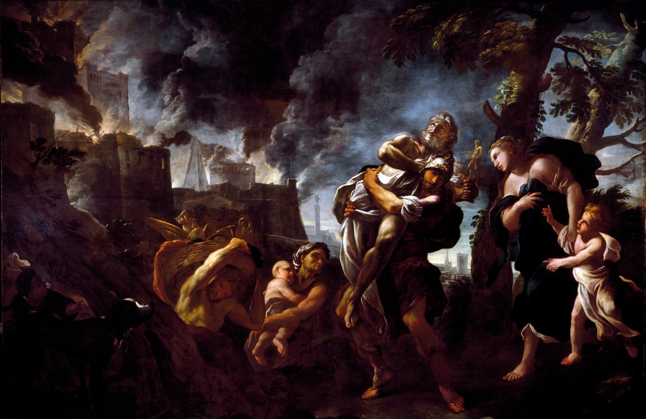 Enee menekül Troie elől. Enee, Anchise-t cipelve elmenekült a városból, az acheaiak kezére került. Luca Giordano (1634-1705) festménye 1675-1680 Gének, Spinola Palota Nemzeti Galériája alkotó: Luca Giordano