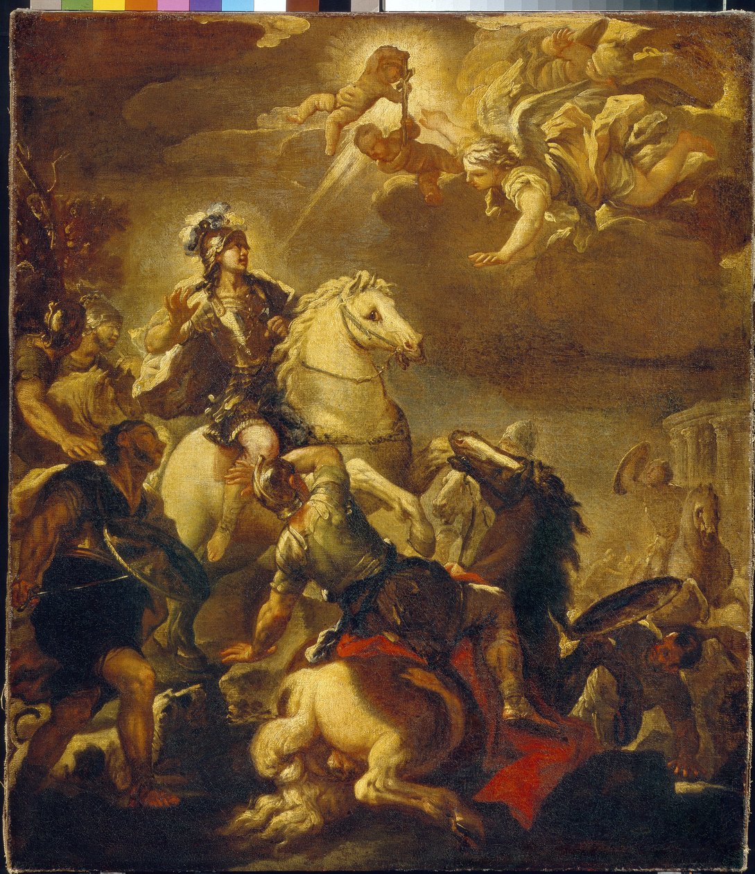 A kereszt megjelenése Konstantin császár előtt (Flauius Valerius Aurelius Constantinus, 272-306). (A kereszt jelenése Konstantin császárnak). Luca Giordano (1632-1705) festménye, olaj, vászon, 1680 körül. Olasz művészet (Nápoly) alkotó: Luca Giordano