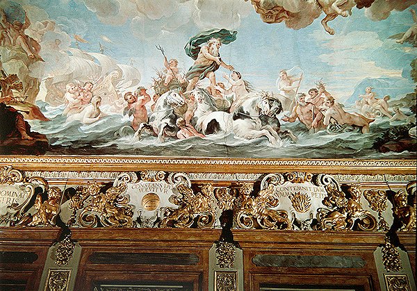 Neptunusz, mennyezetrészlet a galériában, 1670-88 körül (freskó) alkotó: Luca Giordano