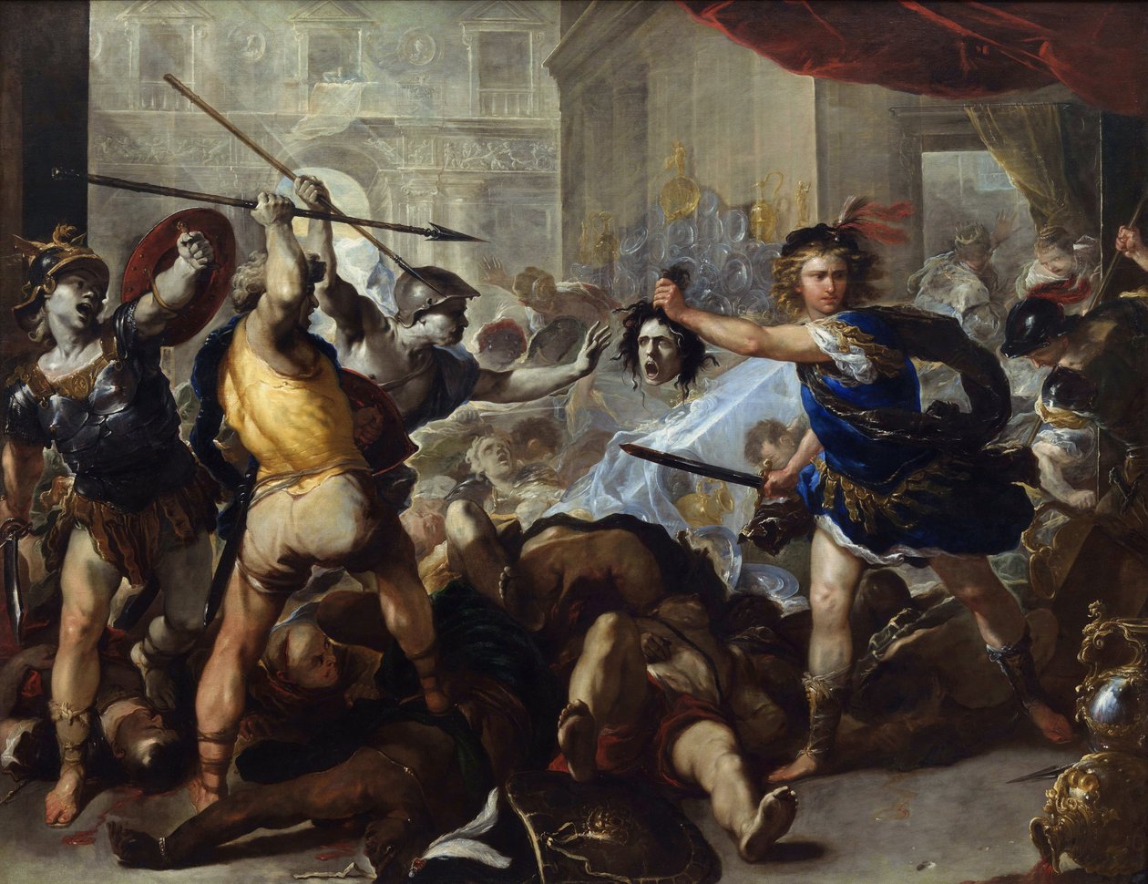 "Perseus kővé változtatja Phineast és ellenségeit azzal, hogy a Medúza fejét meglóbálja előttük" (Perseus Phineast és követőit kővé alakítja) Luca Giordano (1632-1705) festménye 1680 körül, London Nemzeti Galériájában alkotó: Luca Giordano