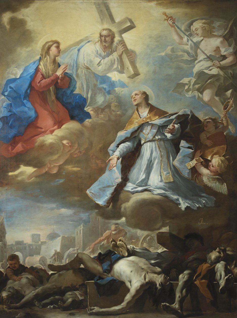 Szent Január Szűz Máriához, Krisztushoz és az Atyaistenhez könyörög a pestis áldozataiért, alkotó: Luca Giordano