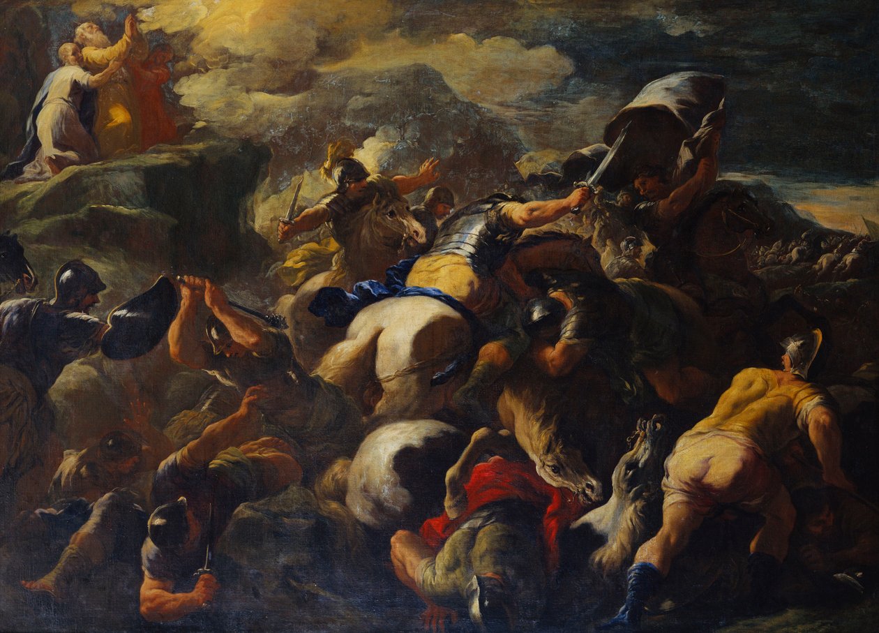 A csata az izraeliták és az amálekiták között, Áron és Húr Mózes fegyvereit támogatva egy dombtetőn túl alkotó: Luca Giordano