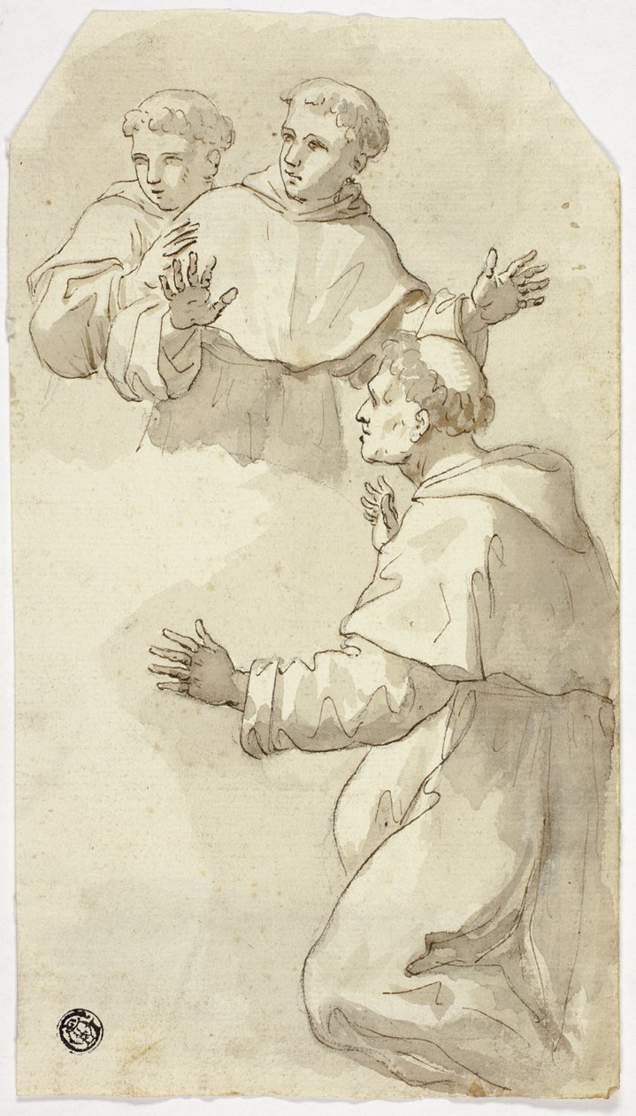 Három megriadt szerzetes, egy térdelve, kettő állva alkotó: Luca Giordano