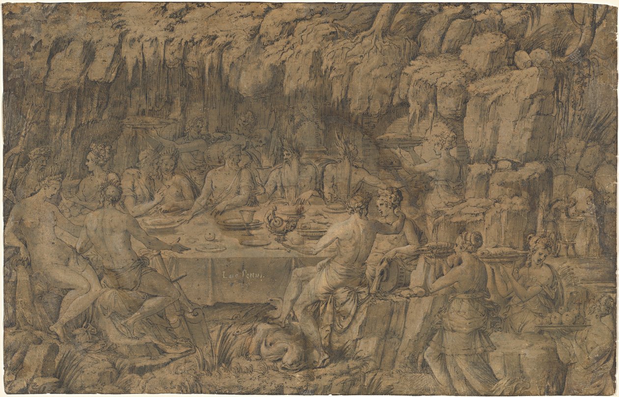 Acheloüs lakomája, 1545 körül (tollrajz) alkotó: Luca Penni