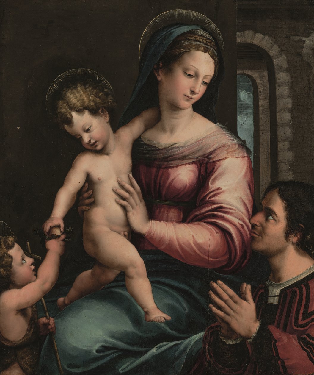 A Madonna és a Gyermek Keresztelő Szent János csecsemővel és egy donorral (olaj a táblán) alkotó: Luca Penni