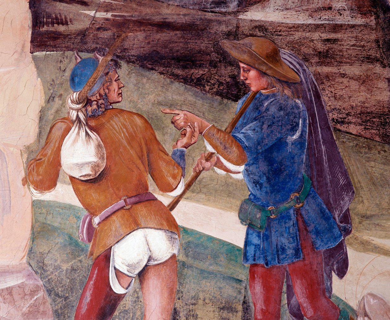 Benedek figyelmezteti Valerian szerzetes testvérét, aki eltörte Luca Signorelli (kb. 1445-1523) által készített, Nursie-i Szent Benedek (480-567) életútját bemutató, 1497-1498-as apátság alapítója, a bencés rend alapítója, a részletes kolostori freskóját.  alkotó: Luca Signorelli