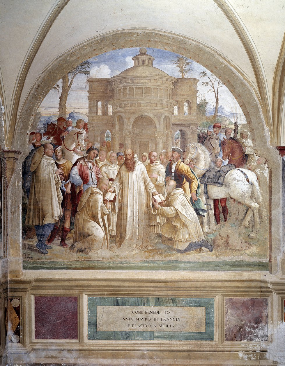 Benedek elküldi Maurust Franciaországba és Placidot Szicíliába (Benedek küldi Maurust Franciaországba és Placidot Szicíliába) A kolostor Luca Signorelli által készített freskója Nursie-i Szent Benedek (480-567) életét meséli el, a Benedek-rend alapítója 14 alkotó: Luca Signorelli