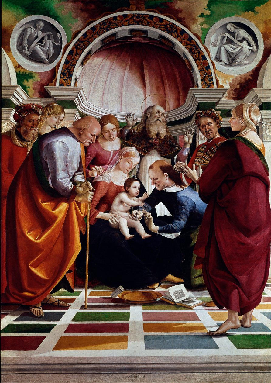 Körülmetélés. A szereplők közül: Szent József (bottal), Szűz Mária, Jézus Krisztus és Szent Simeon (kezet az ég felé emelve). Luca Signorelli festménye (kb. 1445-1523) 1491 kb. Nap. 258,5x180 cm London, Nemzeti Galéria alkotó: Luca Signorelli