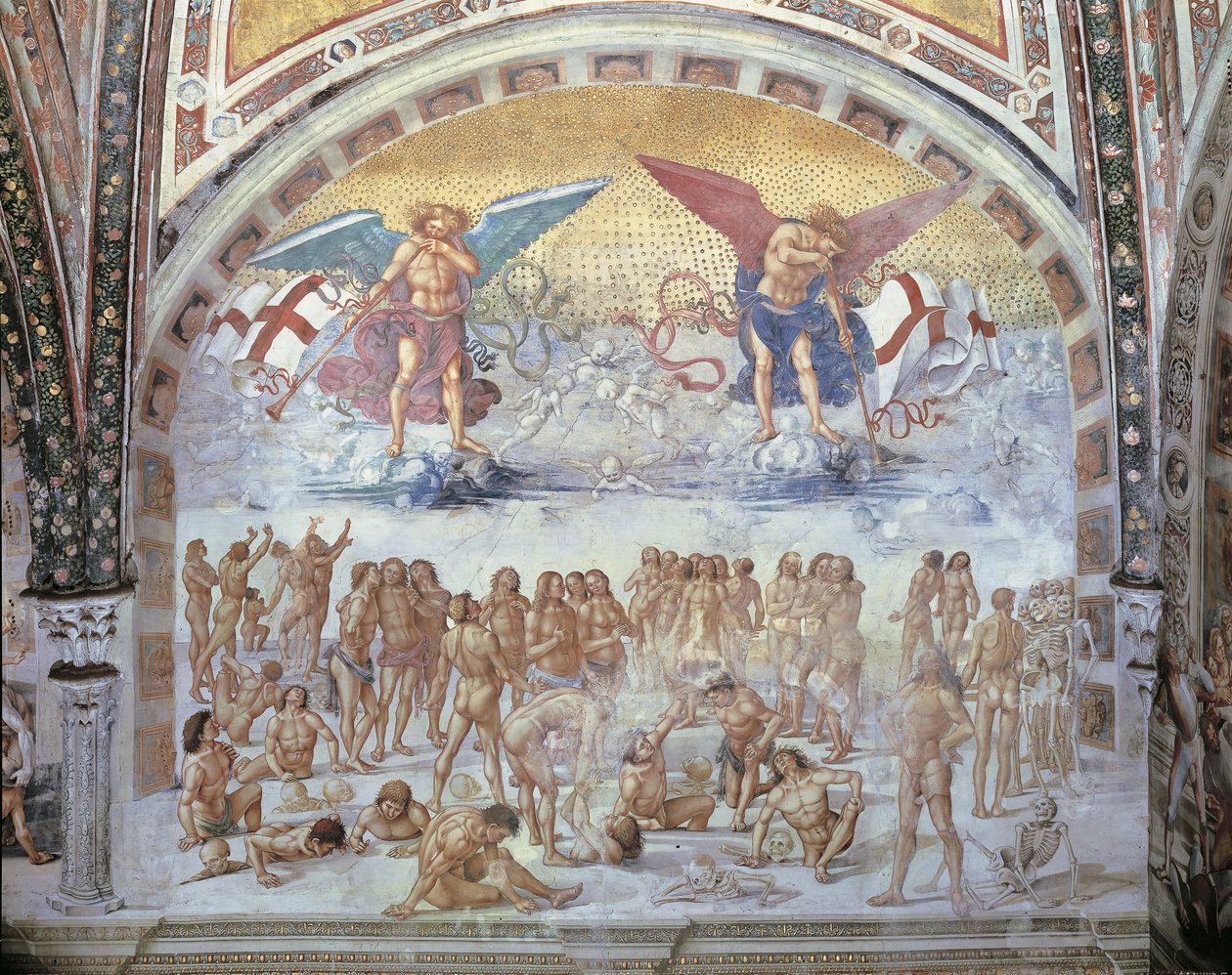Közeli kép egy freskóról a katedrálisban, a test feltámadása, Luca Signorelli, Orvieto, Umbria, Olaszország alkotó: Luca Signorelli
