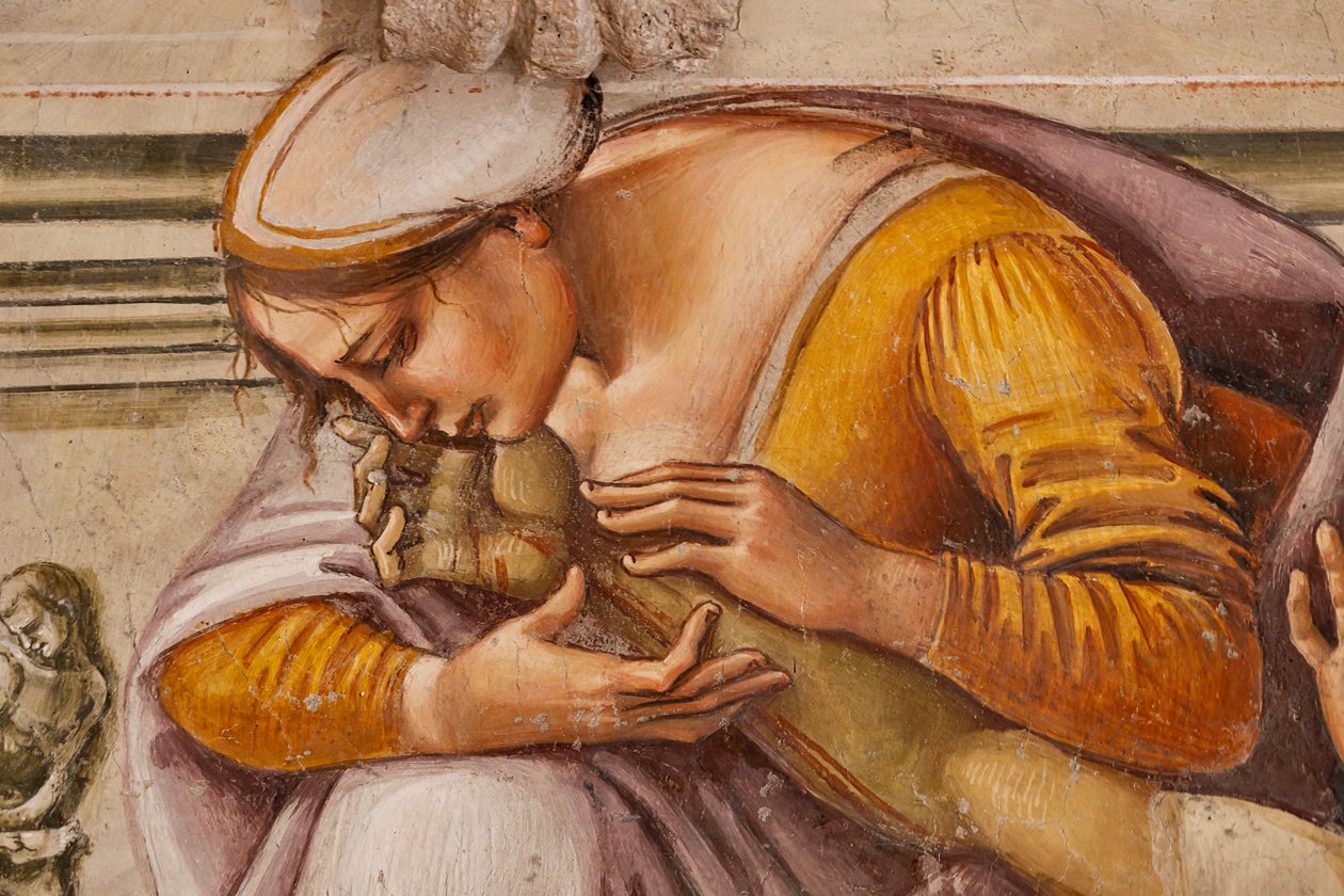 Halott Krisztus siralma Orvieto két szentje között (jobbról S. Parenzo, balról S. Faustino), részlet alkotó: Luca Signorelli