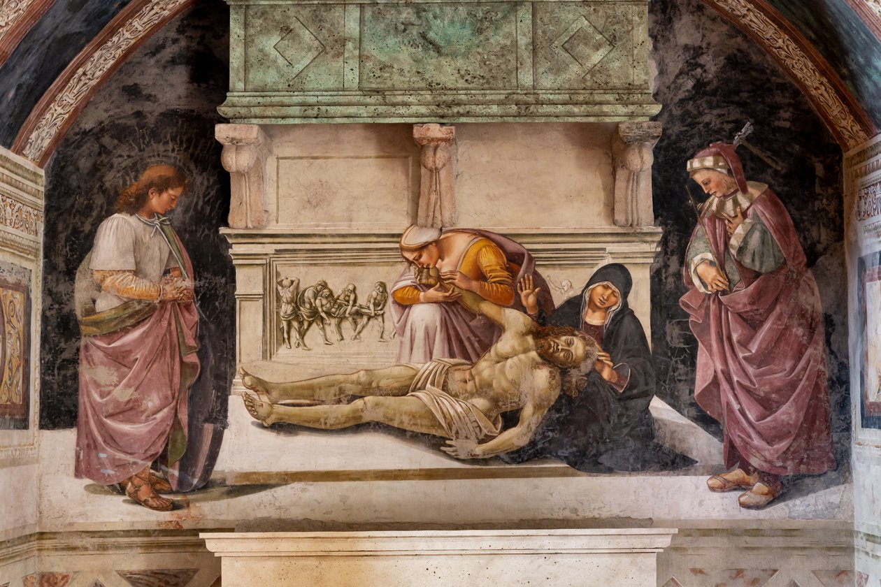 Halott Krisztus siralma Orvieto két szentje között (jobbra S. Parenzo, balra S. Faustino) alkotó: Luca Signorelli