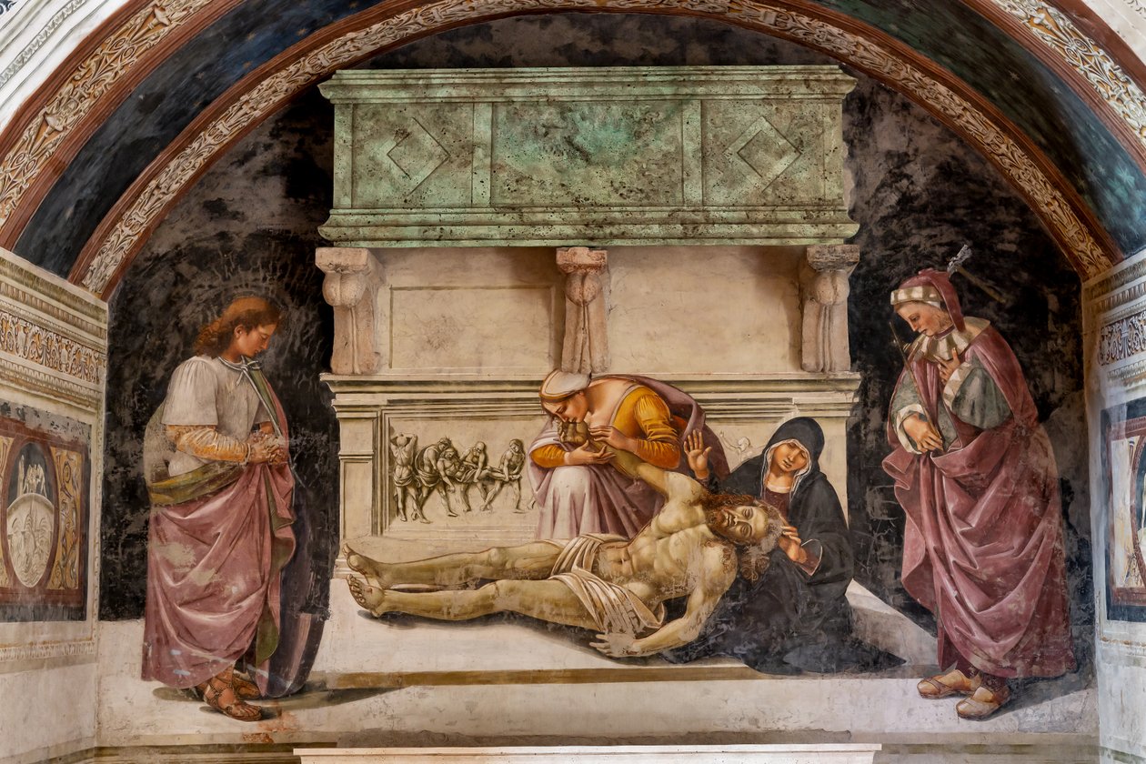 Halott Krisztus siralma Orvieto két szentje között (jobbra S. Parenzo, balra S. Faustino) alkotó: Luca Signorelli
