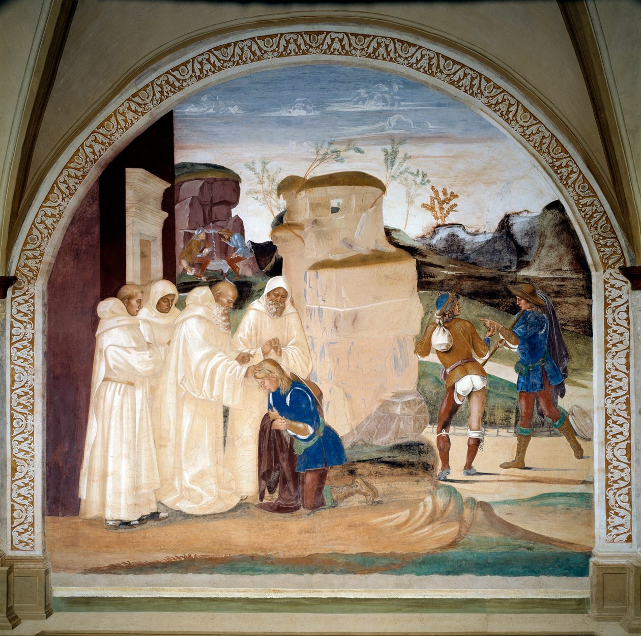 Nursie-i Szent Benedek (kb. 480-547) élete: „” Benedek inti Valerian szerzetes testvérét, aki megszegte a böjtjét” (Hogyan inti Benedek Valerian szerzetes testvérét, aki megszegte a böjtöt) Kolostor freskója Luca Signorelli (kb. 1445-15 alkotó: Luca Signorelli