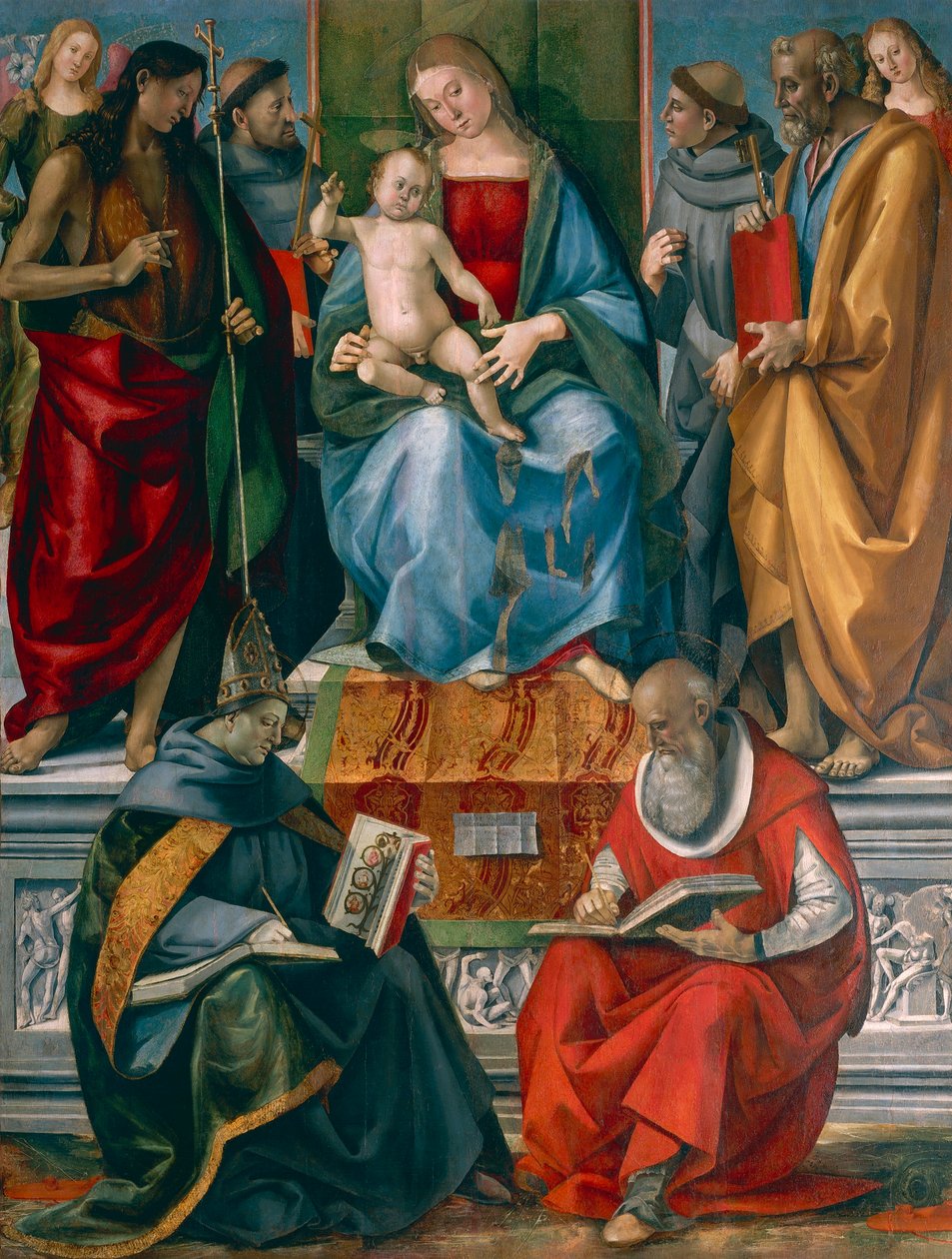 Madonna és gyermeke Keresztelő Jánossal, Assisi Ferenccel, Páduai Anthonyval, Bonaventure Józseffel és Jeromossal, Luca Signorelli (kb. 1445-1523) alkotó: Luca Signorelli