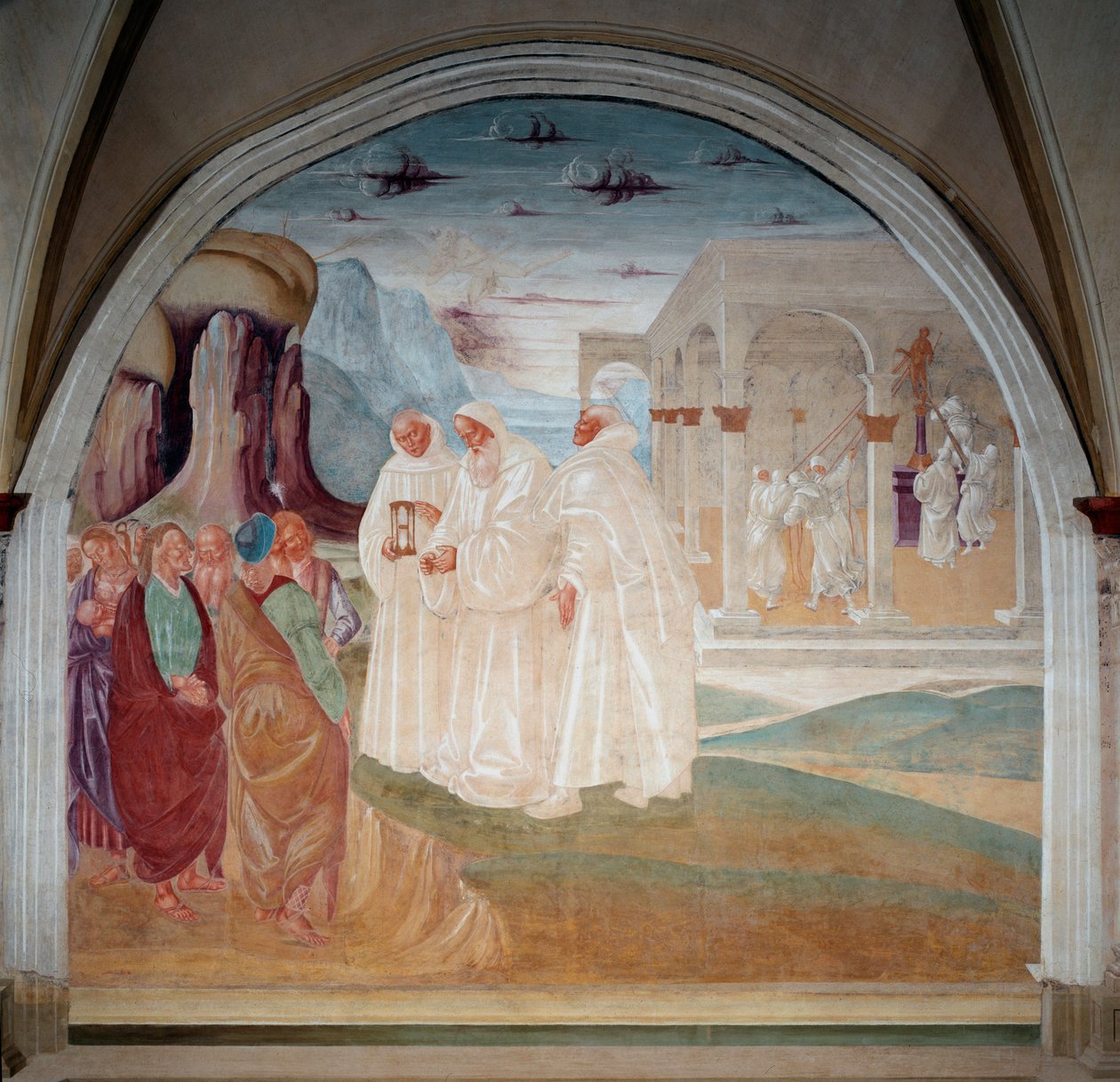 Szent Benedek evangelizálta Monte Cassino lakóit, a háttérben a szerzetesek lelövik Apollón szobrát (freskó alkotó: Luca Signorelli