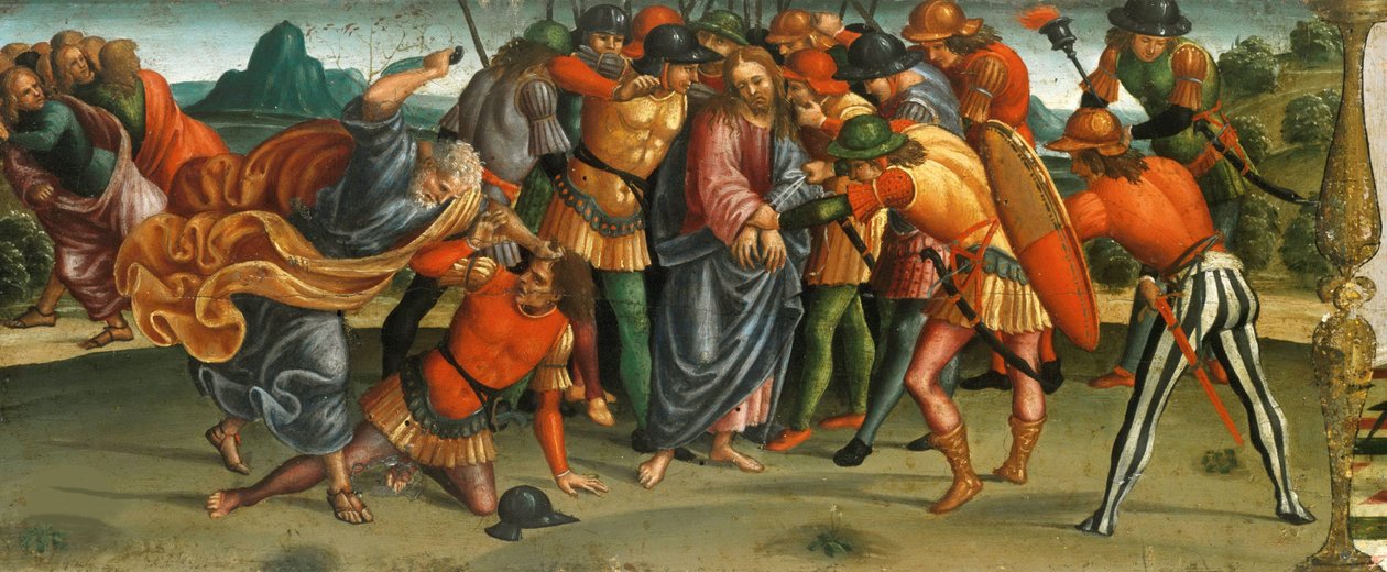 Krisztus elfogása. Siralom a halott Krisztus felett, Predella panel, 1502. alkotó: Luca Signorelli