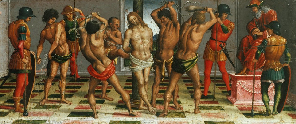 Krisztus megkorbácsolása Siralom a halott Krisztus felett, Predella panel, 1502. alkotó: Luca Signorelli