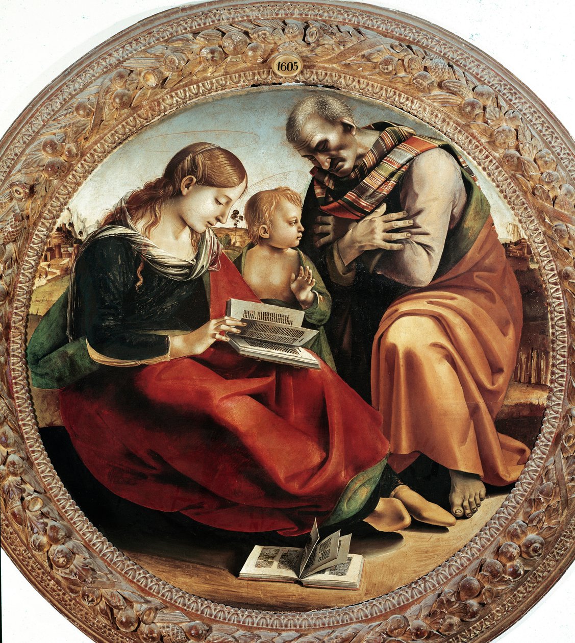A Szent Család. Luca Signorelli (1450-1523) festménye, 1495 körül. Tondo. Olajfestmény. Átmérő: 124 cm. Firenze, Uffizi Képtár (Firenze, Uffizi Múzeum) alkotó: Luca Signorelli
