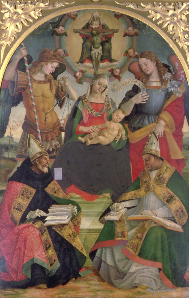 A Szentháromság, Madonna és gyermek, Angyalok és szentek, 1505-2008 körül (olaj, tábla) alkotó: Luca Signorelli