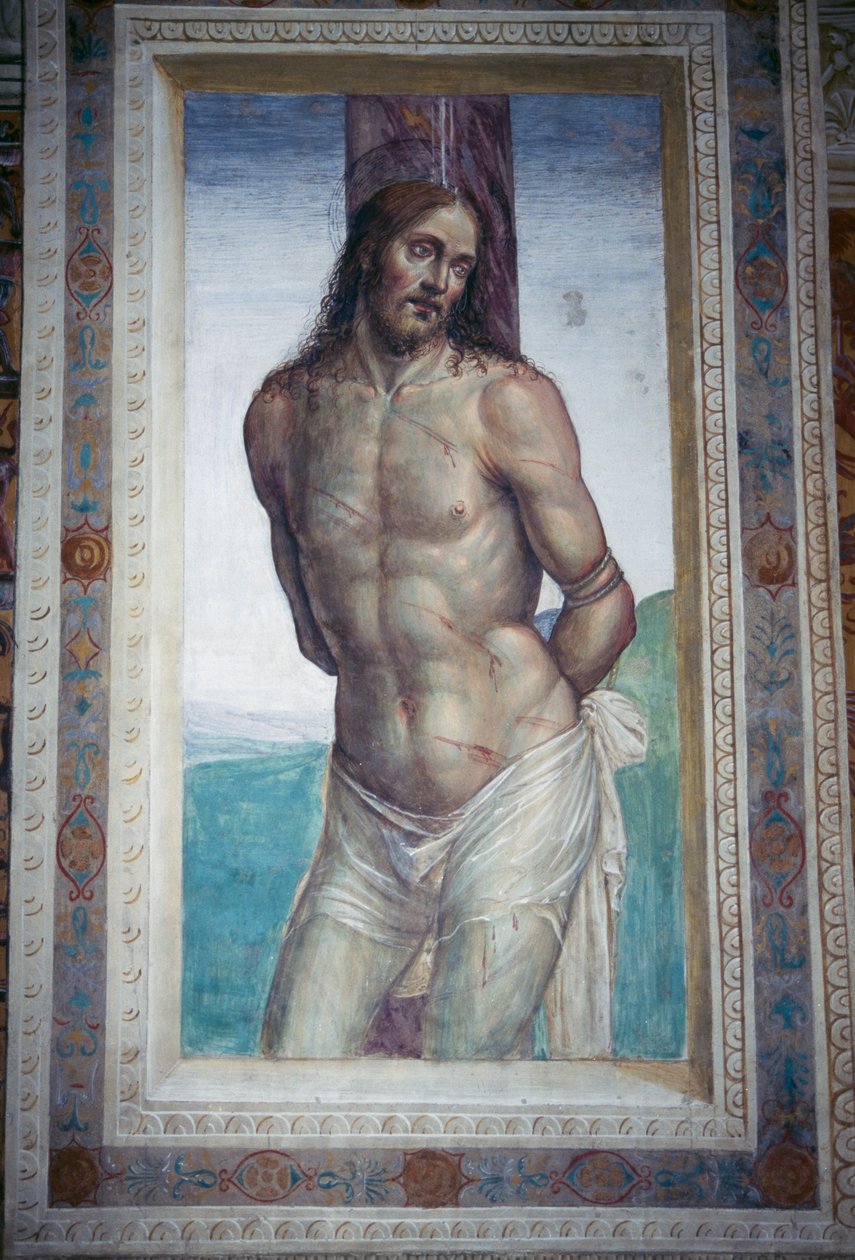 Jézus korbácsolása, Luca Signorelli freskója, Monte Oliveto Maggiore apátság, Toszkána, Olaszország alkotó: Luca Signorelli